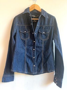 Western Dark Blue Denim Button-Front Shirt Jacket